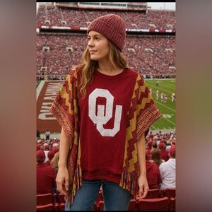73. Upcycled OU SOONERS T w/ fringed Kantha sleeves, by Susie.